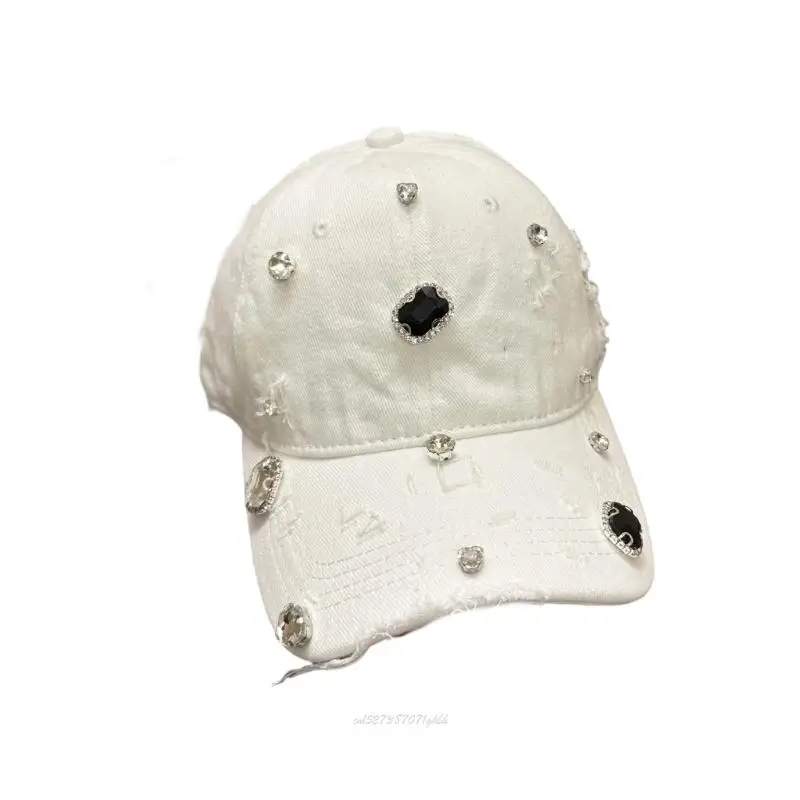 X5XA Adjustable Back Baseball Cap with Distressed Fashion Cutouts and Stone Accent Finish for Daily Looks and Travel Days