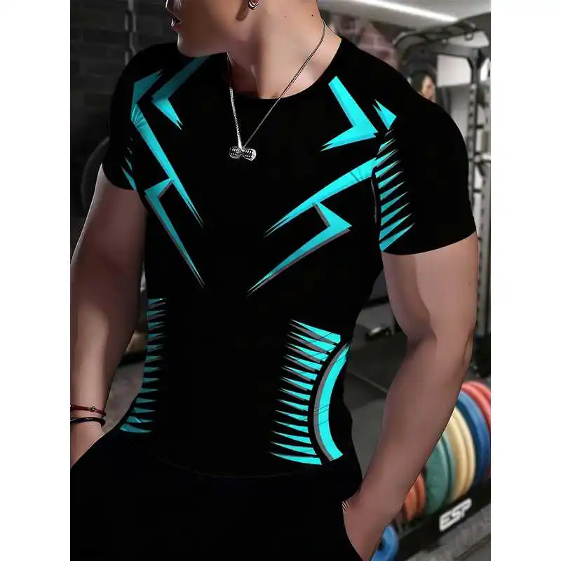 Men'S Quick-Dry Black And Teal Tech Print Fitness T-Shirt, High-Stretch Breathable Athletic Short Sleeve, Running Training Top