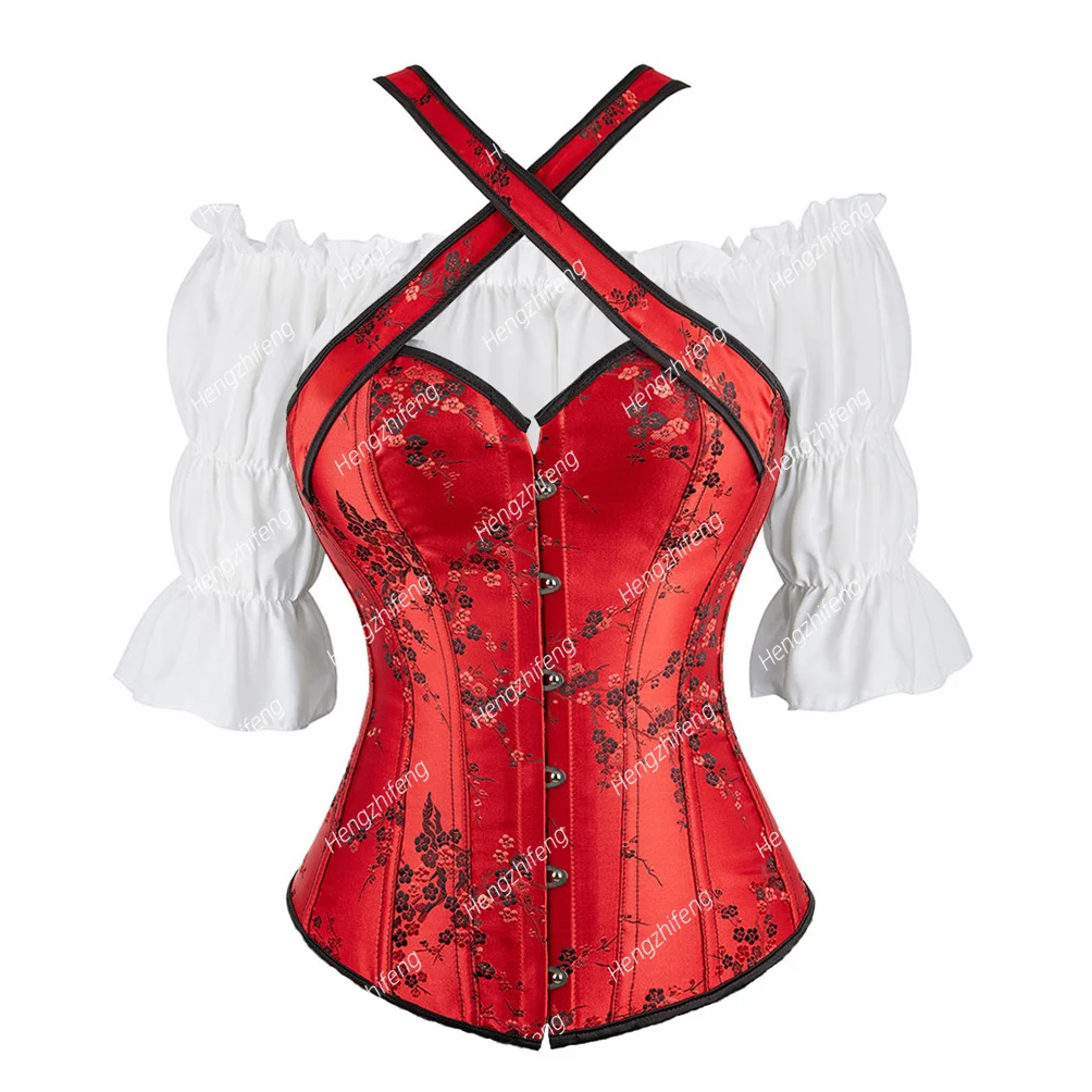 

Corset Bustier with Blouse Set Embroidery Halter Neck Waistcoat Corsets 2 Piece Outfits Steampunk Bustiers Party Costume