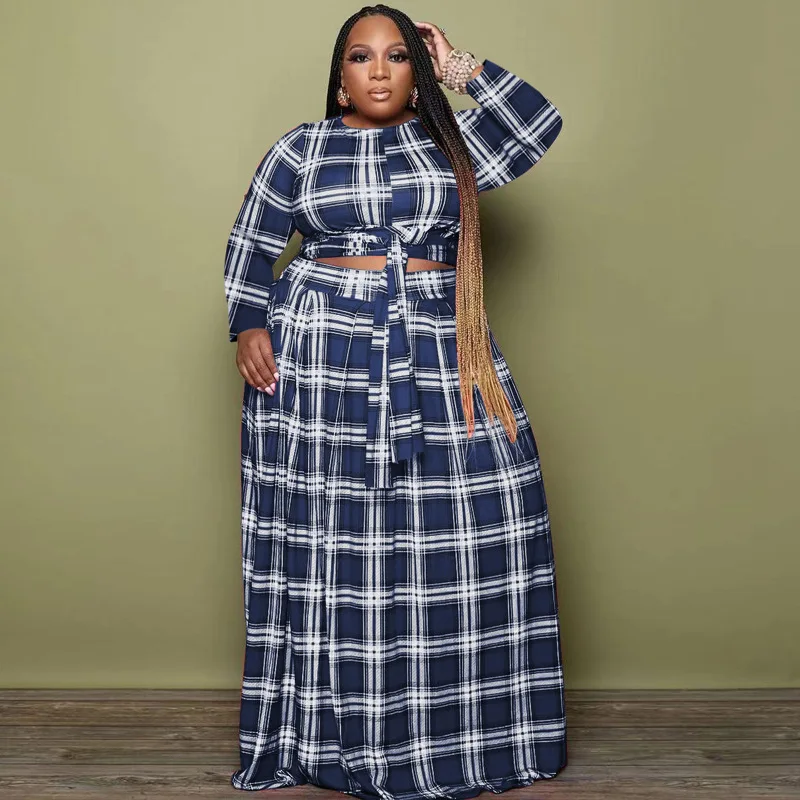 

Summer Two 2 Piece Sets Womens Outifits 2022 Long Sleeve T-shirt Bandage Tops Sexy Plaid Green Long Skirts Matching Sets