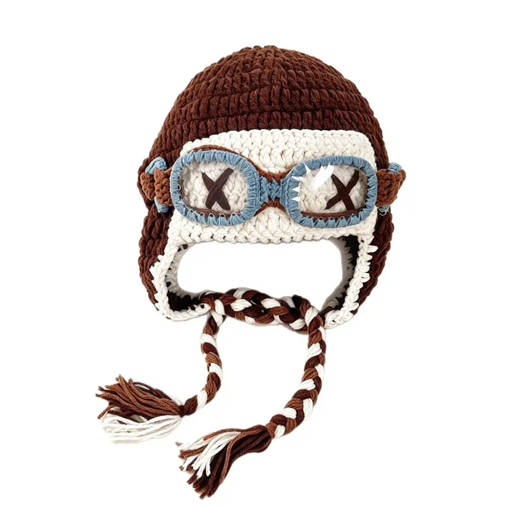 Cute Windproof Winter Pilot Hat With Goggles Color-Blocked Crocheted Knitted Beanie Plush Cold Proof Lei Feng Hat Skiing