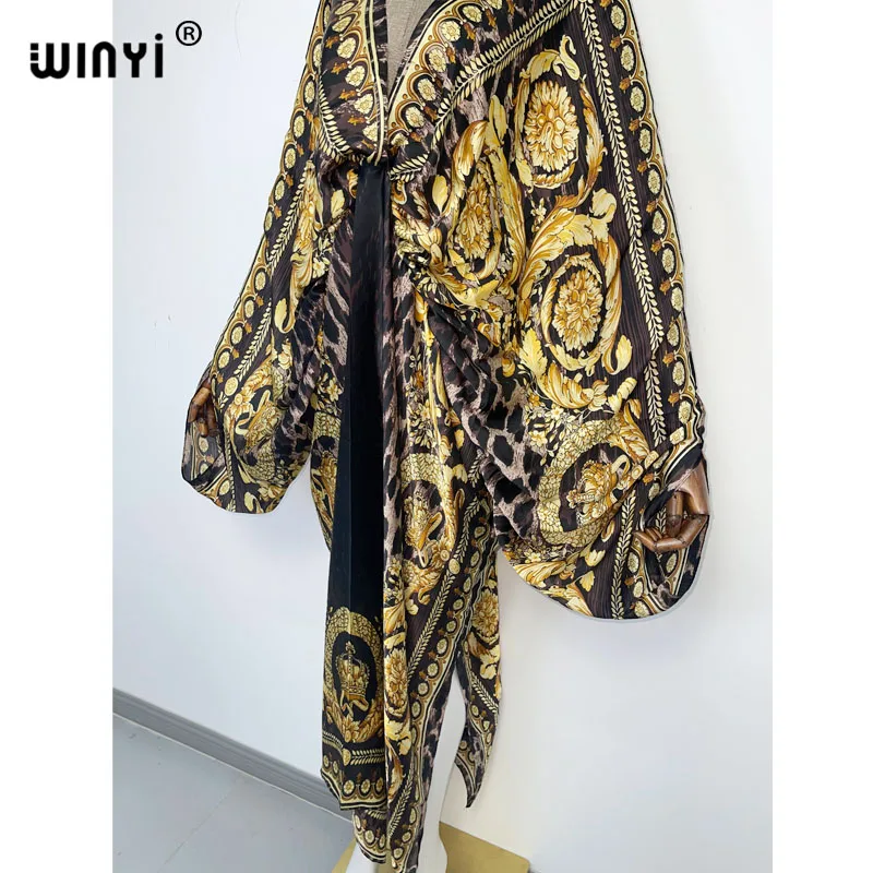Sexy Beach High-Quality Hand-Rolled Feel Silk Rayon Fashion Print 2021 WINYI Maxi Women's Robes Long Beach V-Neck Bohemian Dress
