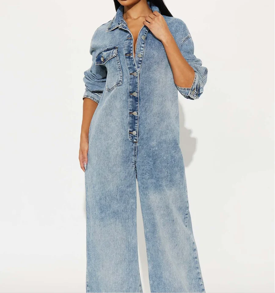 Dames slanke elastische taille denim jumpsuit met lange mouwen vrouwelijke dagelijkse kleding nieuwe gepersonaliseerde damesmode rechte jumpsuits