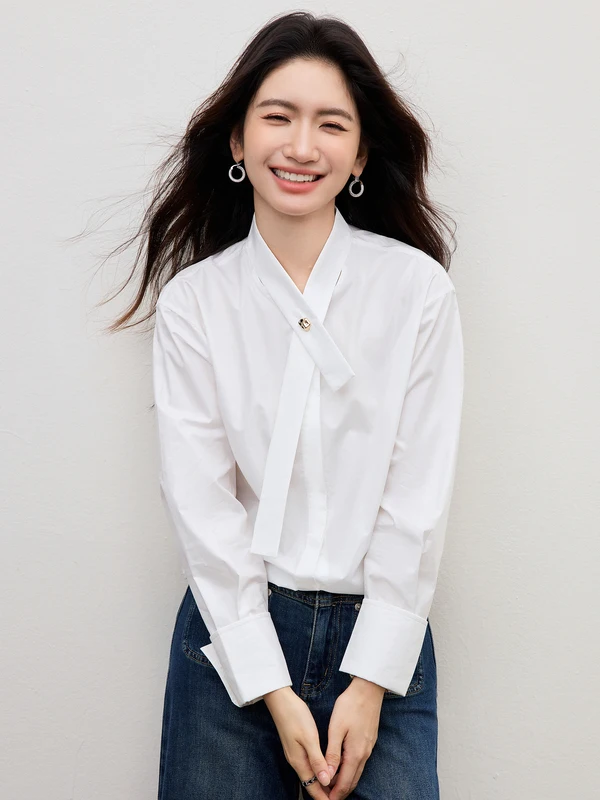 

Ele Pure Cotton Sa irt Women's Loose Long Sve Commute Workwear Slimming Top Spring 2026 Design Sense