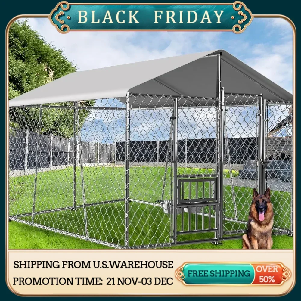 Outdoor dog house with roof and bowl, large dog house fence with side rails, heavy-duty chain dog house with open feeding door