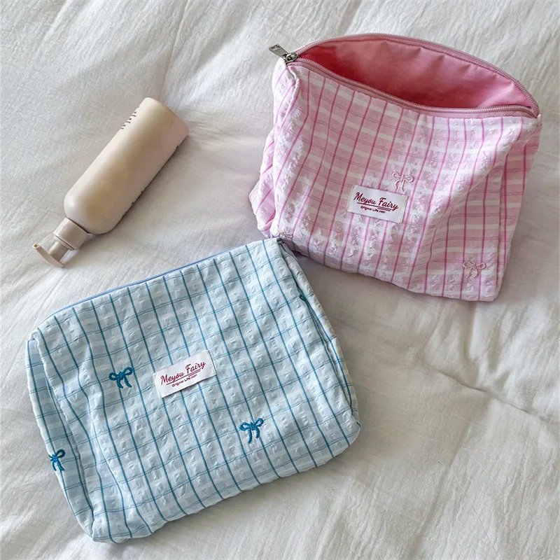 Korean Plaid Embroidered Bow Makeup Bag Large Capacity Travel Toiletry Pouch Portable Handheld Storage Organizer for Women Girls