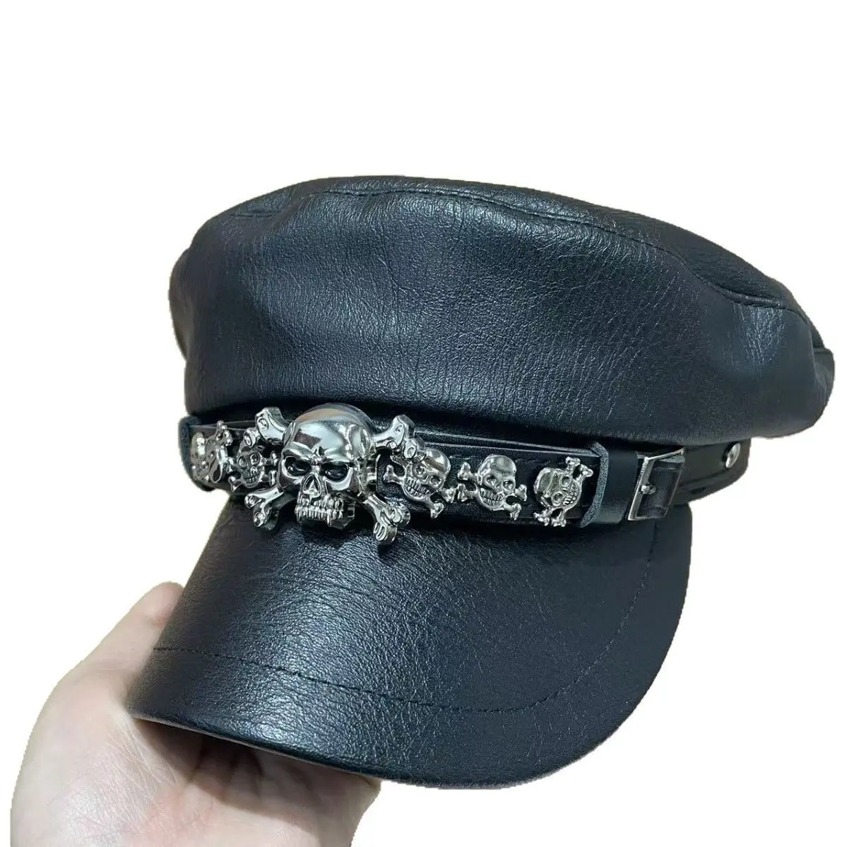 Gothic Punk Skull Rivet PU Leather Newsboy Cap Rock Hip Hop Beret Hat Retro Navy Flat Top Peaked Cap Streetwear Accessories