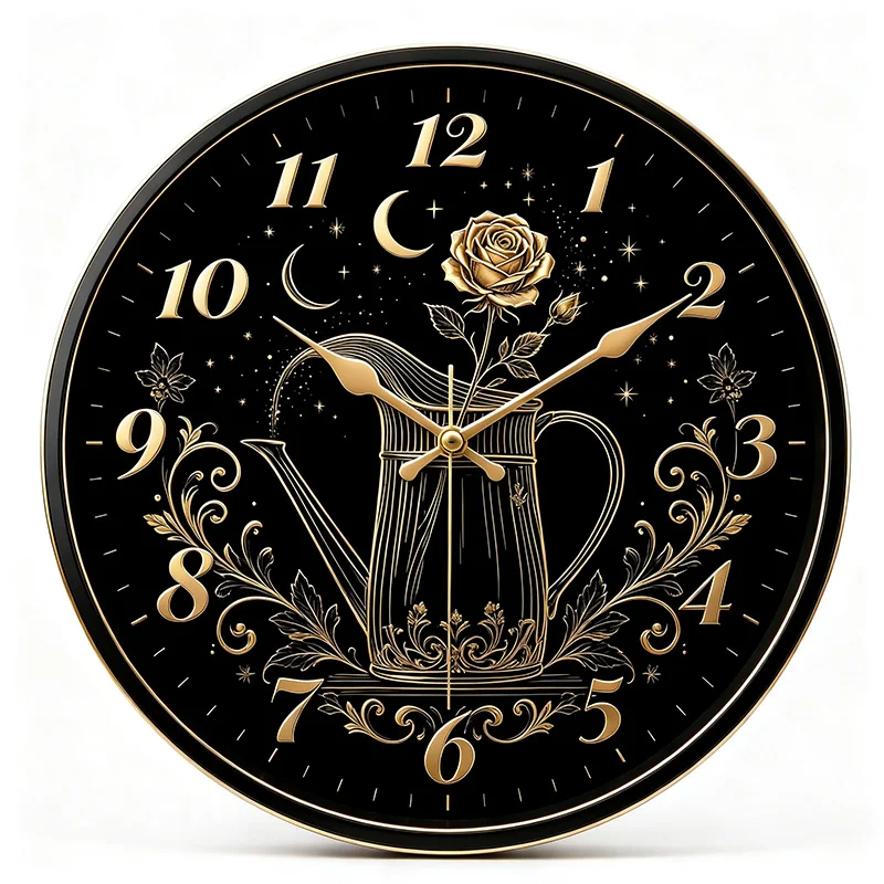 Black Gold Watering Can Rose Wall Clock Silent Non Ticking Round Wall Watch Golden Embossed Floral Moon Star Art Modern Living Room Home Wall Decor Gift