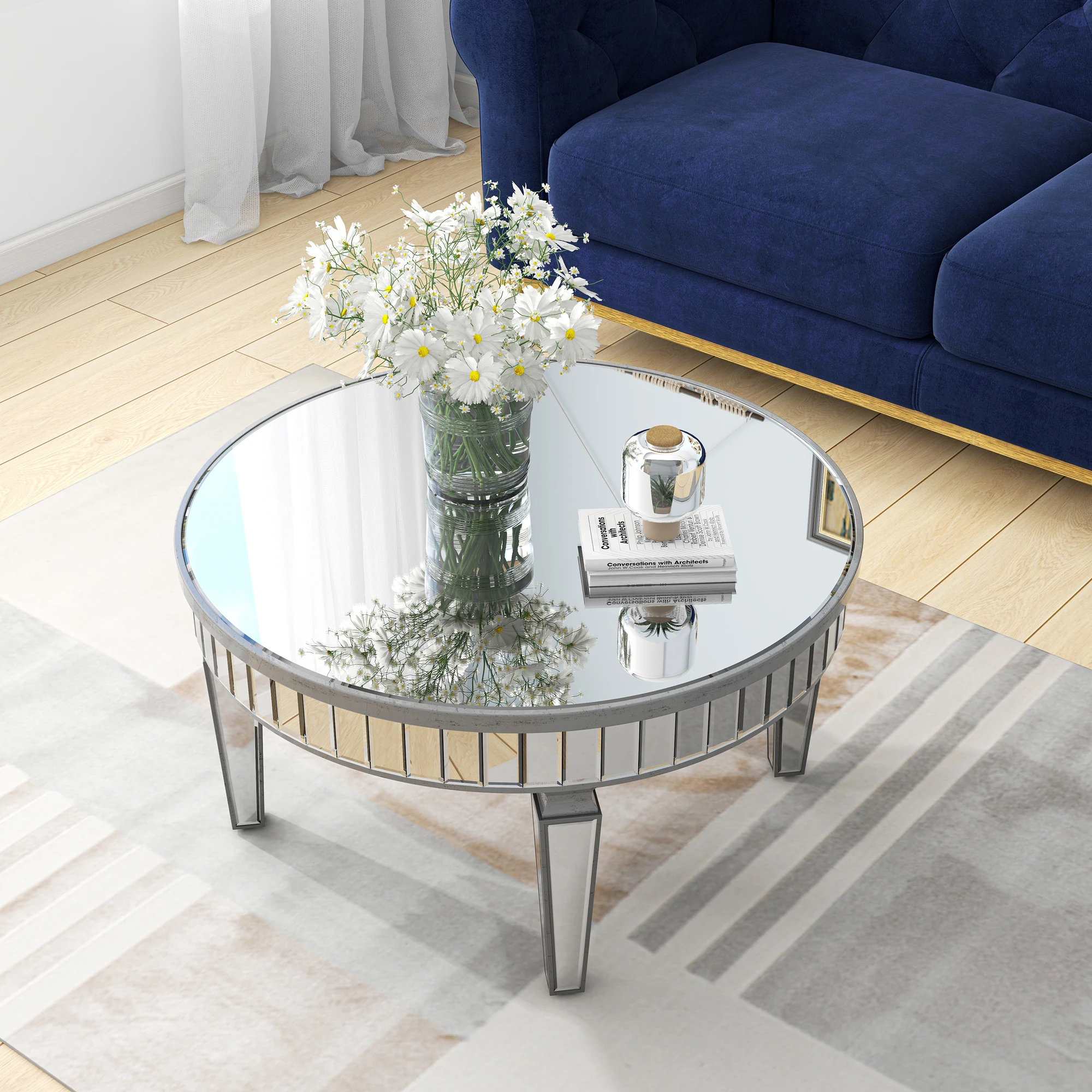 SHYFOY Mirrored Coffee Table-Round Glass Coffee Table with Highly Reflective Mirror Easy Assembly Silver Frame