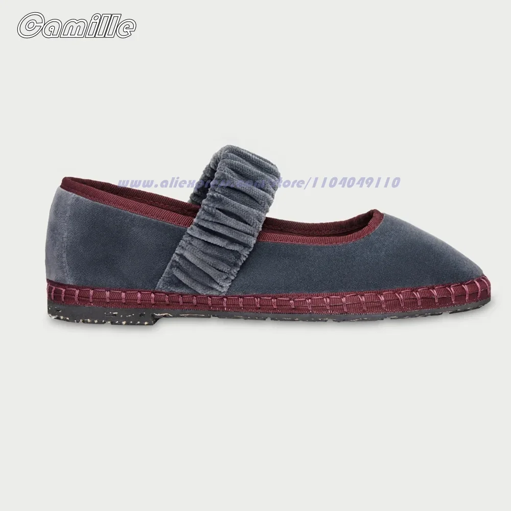 Suede Pointed Toe Pleated Gold Velvet Mary Jane Shoes Mixed Color Front Elastic Band Casual Flats 2025 Fashion Grace Lady Shoes