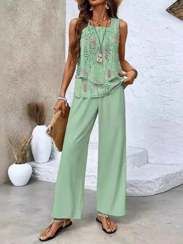

Summer Casual Boho Women's Sets Fashion Print Vest Sleeveless Top High Waist Wide Leg Pants Two Piece Set Loose Suit Female