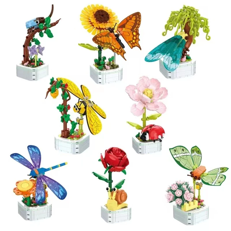 

8pcs/Set Insects and Flowers Building Blocks Snail Rose Butterfly Sunflower Bricks Animal Cognition Toys For Children Gift