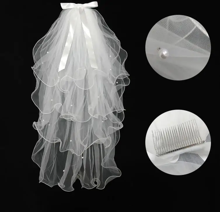 Bloem Kinderen Meisje Bridal Veils Bead Bruiloft Sluier Communie Met Kam Voor Bruid Accessoires