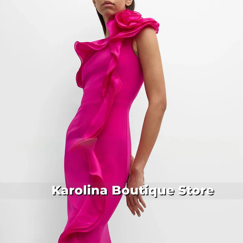 Sukienki wieczorowe w kolorze intensywnego różu, z jednym ramieniem, z kwiatowymi falbanami, syrenie suknie wieczorowe dla kobiet 2025, bez rękawów, z rozcięciem z boku, formalna suknia na przyjęcie.