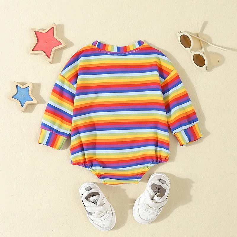 Casual Baby Striped Sweatshirt Romper Rainbow Color Long Sleeve Crew Neck T shirt Bodysuit Jumpsuits Clothes for Girls Boys