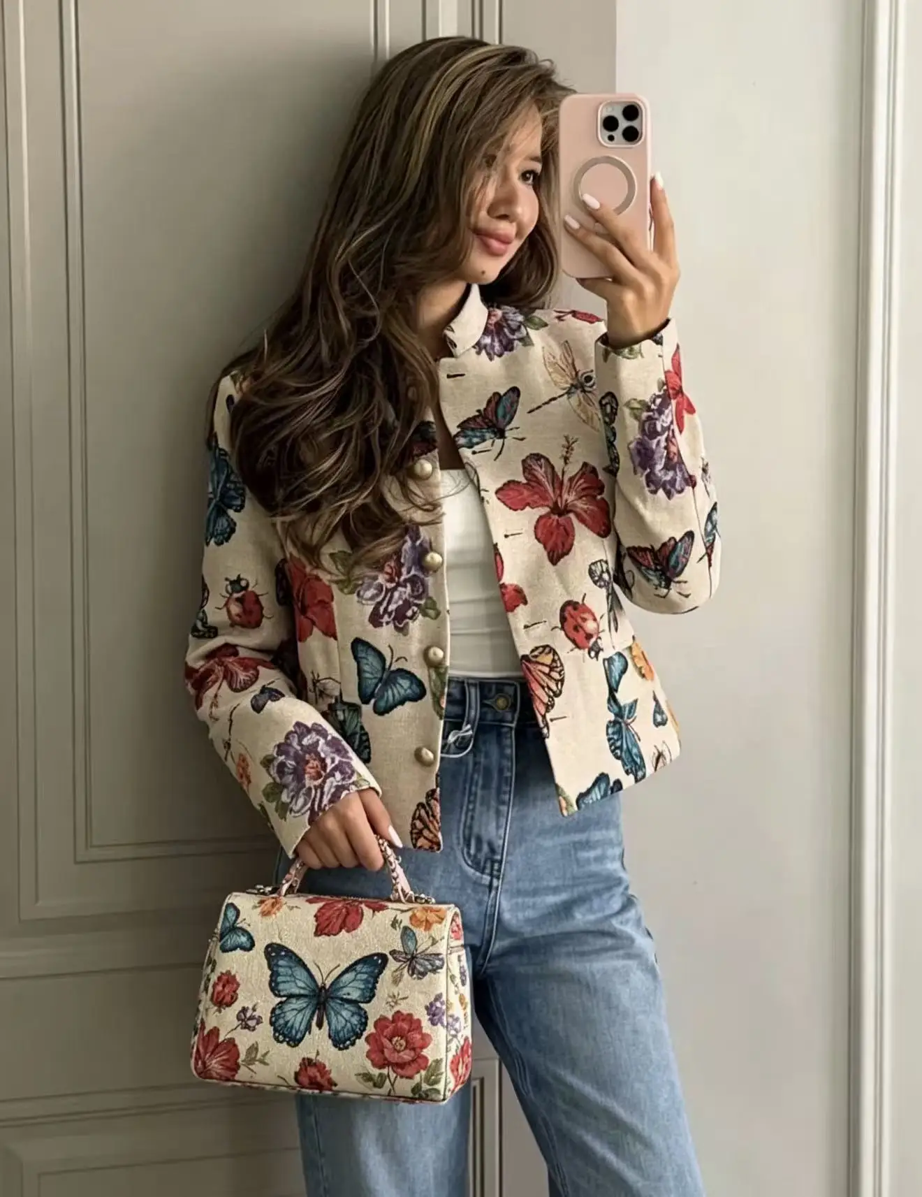 Vintage Butterfly Floral Jacquard Jacket Women Elegant Stand Collar Single Breasted Crop Blazer Coat Autumn New Women Jacket