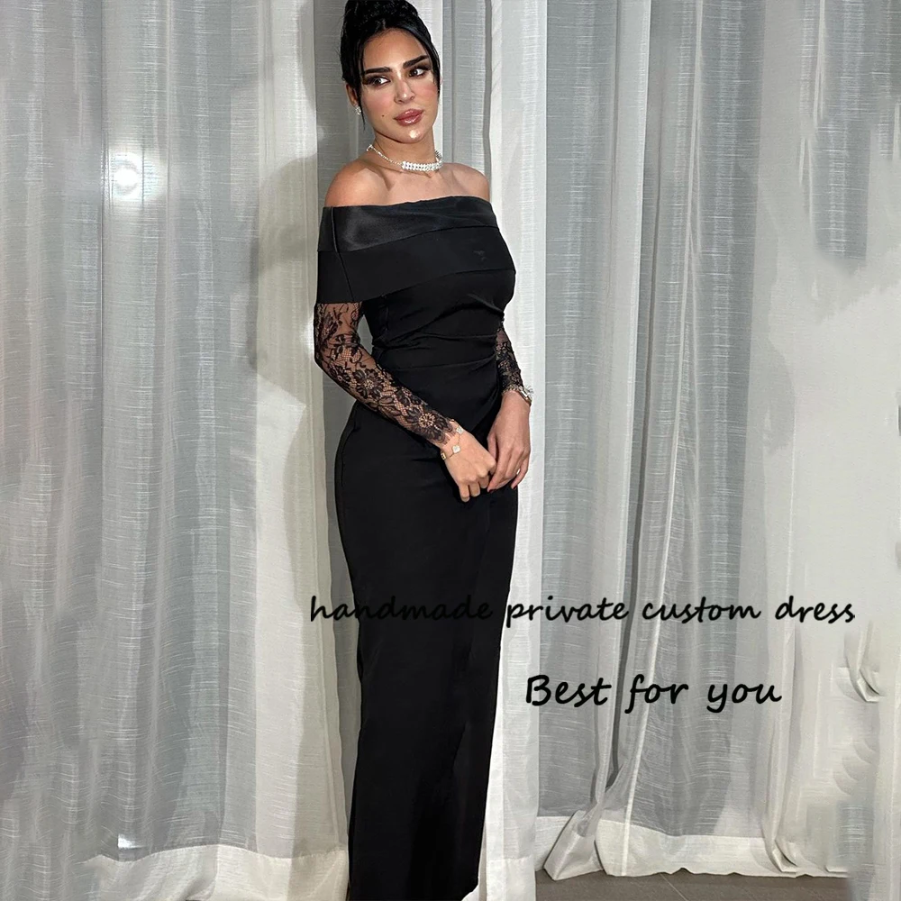 

Black Mermaid Evening Dresses Off Shoulder 3/4 Sleeve Mono Satin Prom Dress Floor Length Arabian Dubai Formal Party Gowns