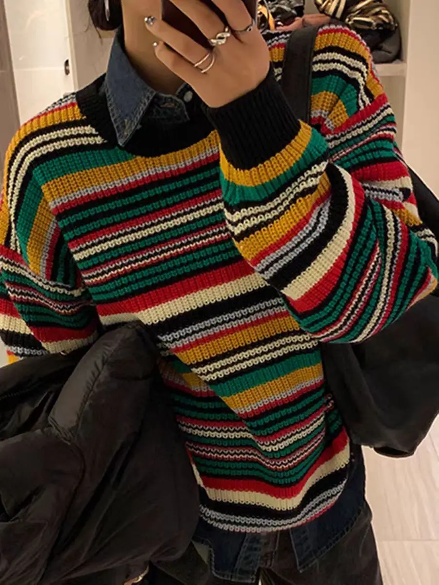 

Свитер в радужную полоску, женские пуловеры с длинным рукавом и круглым вырезом, осень-зима, свободный повседневный вязаный свитер, корейские джемперы 2025 г.
