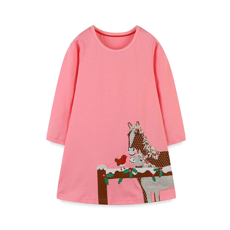 Jumping Meters  2-7T Princess Girls Dresses With Horse Long Sleeve Autumn Spring Baby Animals Embroidery Kids Frocks Costume