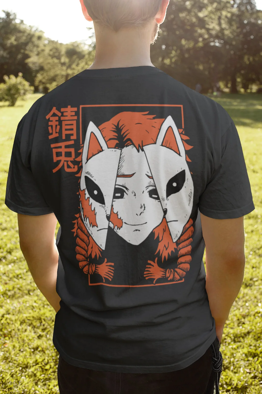 Mens Organic Cotton Anime Mascara Demon Mask Streetwear Cat T Shirt