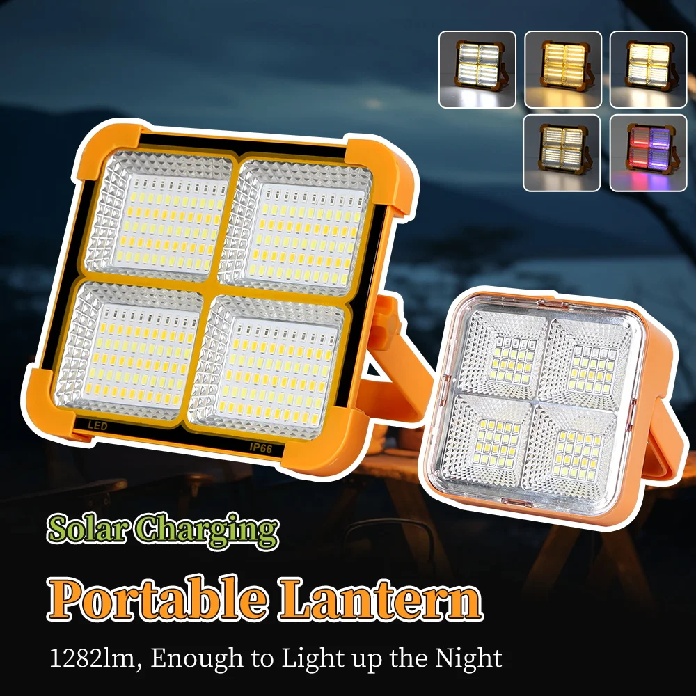 Solar Floodlight Work Light with Power Bank Function 5 Dimmable Modes Portable Camping Lantern IP66 Waterproof Emergency Lamp