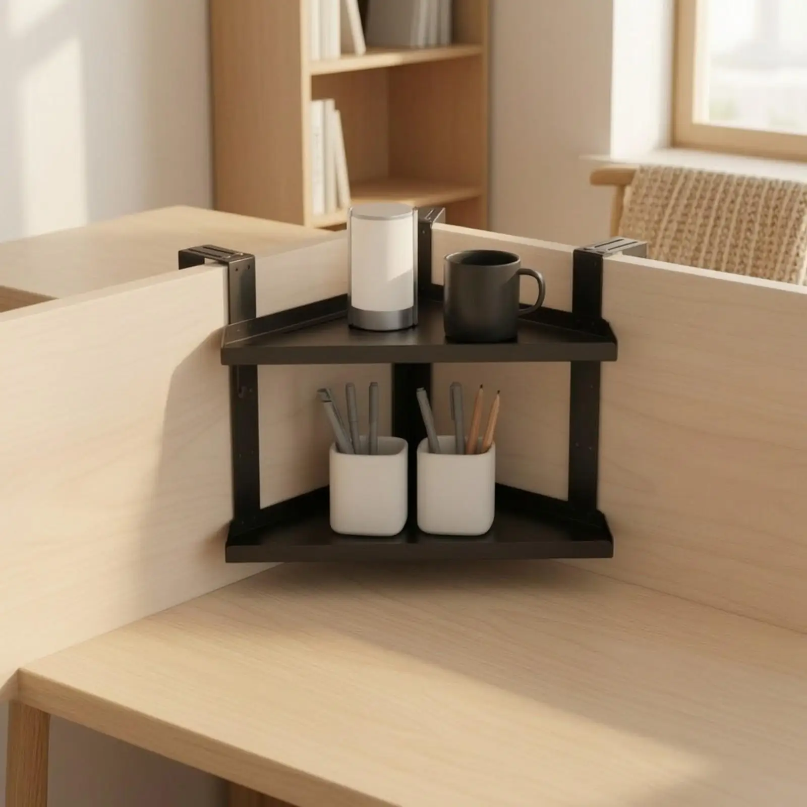 Corner Storage Shelf with Two Tray Levels Space-Saving Partition-Mounted Corner Organizer Easy to Install Cubicle Hanging Shelf