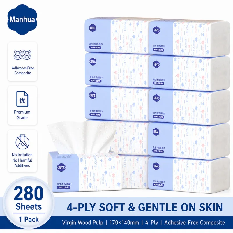Manhua Facial Tissue 280Sheets 4 Ply Thick Soft Absorbent Natural Wood Pulp Napkins for Face product image