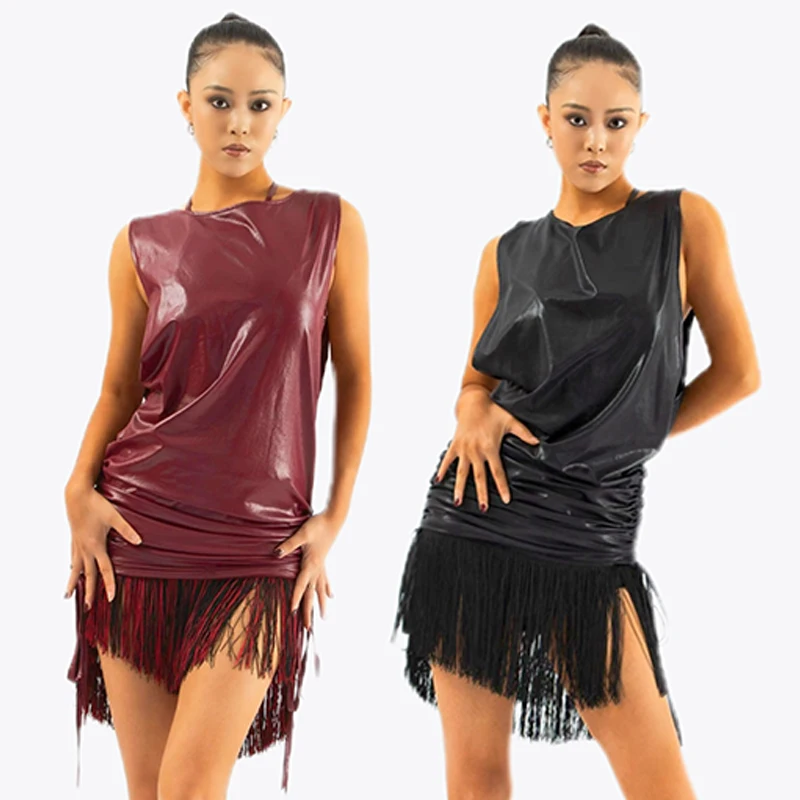 2024 Latin Dance Clothes Women Sleeveless Loose Tops Drawstring Tassel Skirt Cha Cha Rumba Samba Dance Performance Wear DNV19591