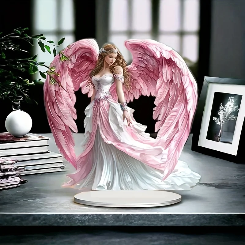 2D Flat Bohemian Acrylic Angel Wings/guardian Statue with Base/multifunctional Desktop Decoration