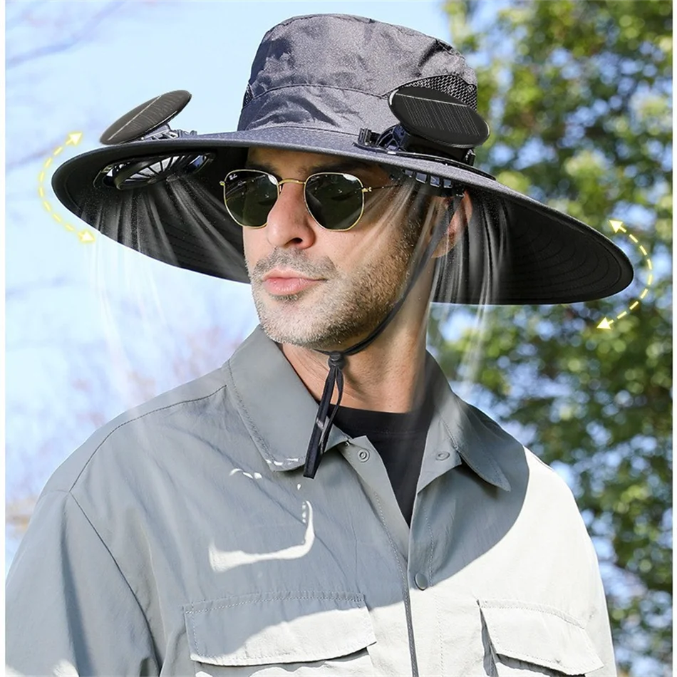 Sun Proof Outdoor Wide Brim Sun Hat With Solar Two Fan Wide Brim Solar Fan Outdoor Fishing Hat Solar USB Charging Desktop Visor