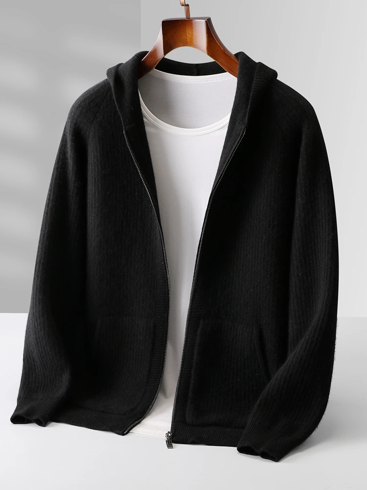 Hoge Kwaliteit Heren Rits Wollen Jas Herfst Winter 100% Merinowol Gebreide Trui Dikke Capuchon Vest Dikke Casual Nieuwe tops