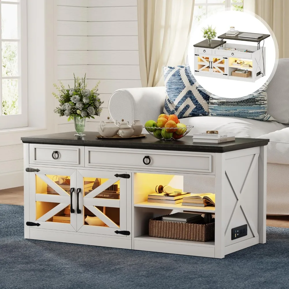 

48 Farmhouse Lift Top Coffee Table with LED Lights & Charging Station, Living Room Center Table with 2 Hidden Storage Com