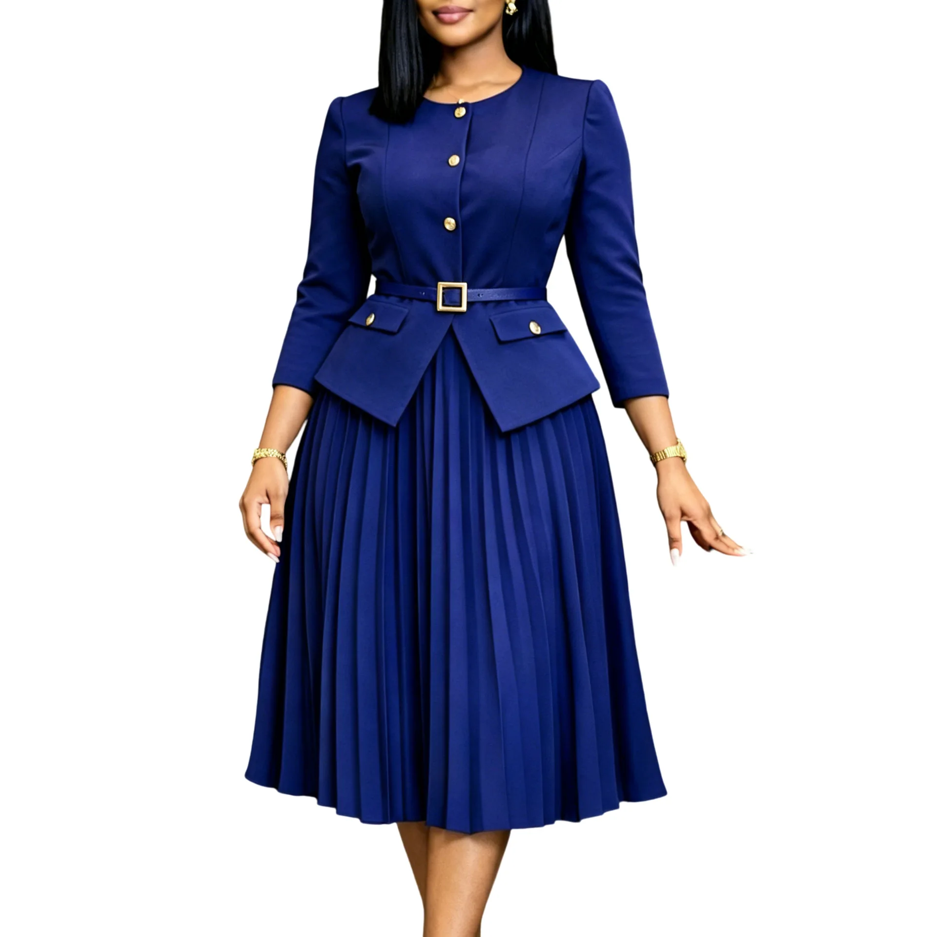 

Elegant Africa Dress for Women for Evening Party Summer African Short Sleeve O-neck Polyester Pleated Midi Dress Africa Clothing