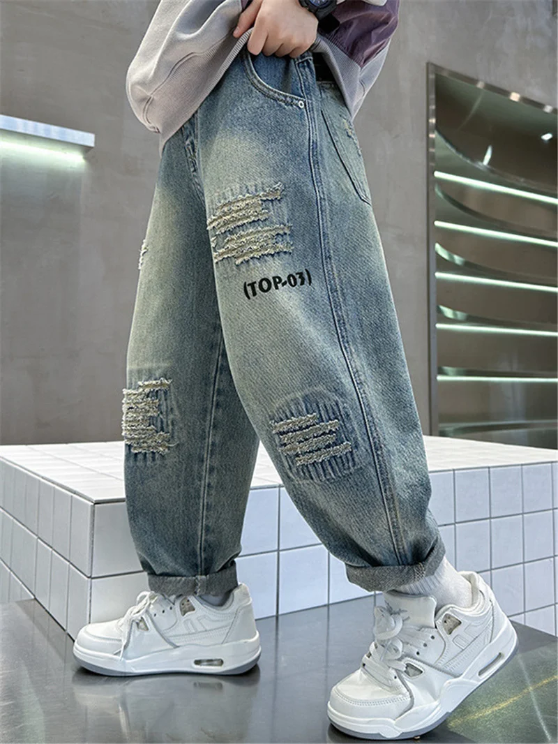 Herbst-Jungen-Jeanshosen Kinder Lose Denim-Hosen Teenager Mode Frühling Baggy Freizeithosen Kinderbekleidung 4-12 Jahre – Detail 2