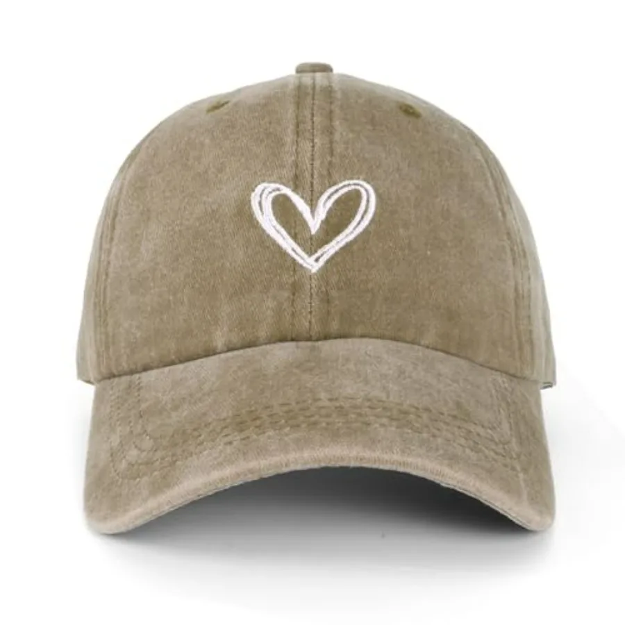

Vintage Washed Baseball Cap Women - Adjustable Distressed Twill Soft Cotton Ladies Hat Cute Love Heart Embroidered