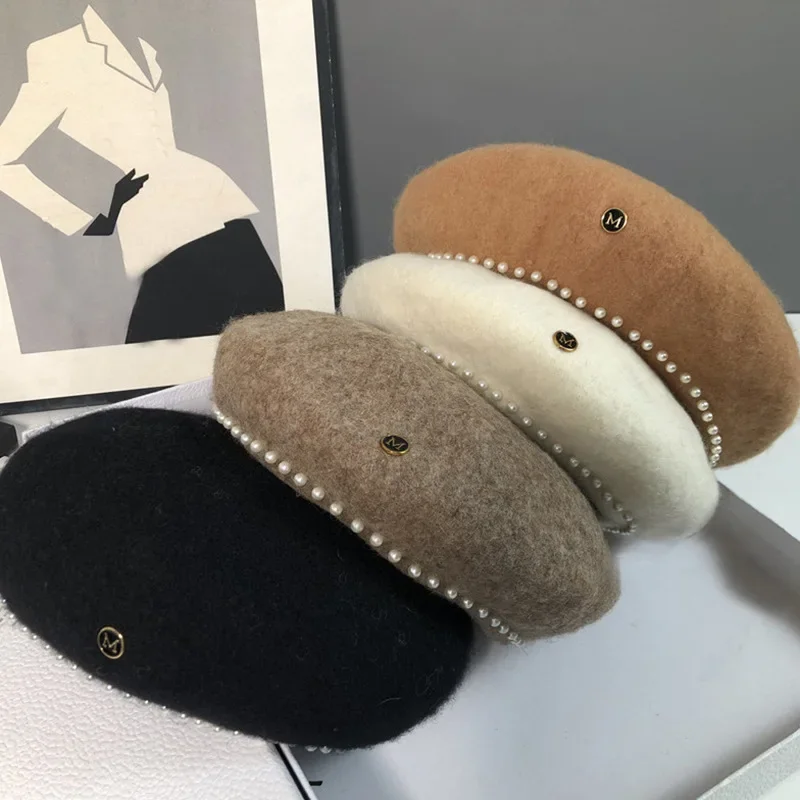 Woman Autumn Winter French Rhinestone Pearls Wool Berets for Female French Artist Wool Cap Retro Hat Solid Color Lady Caps