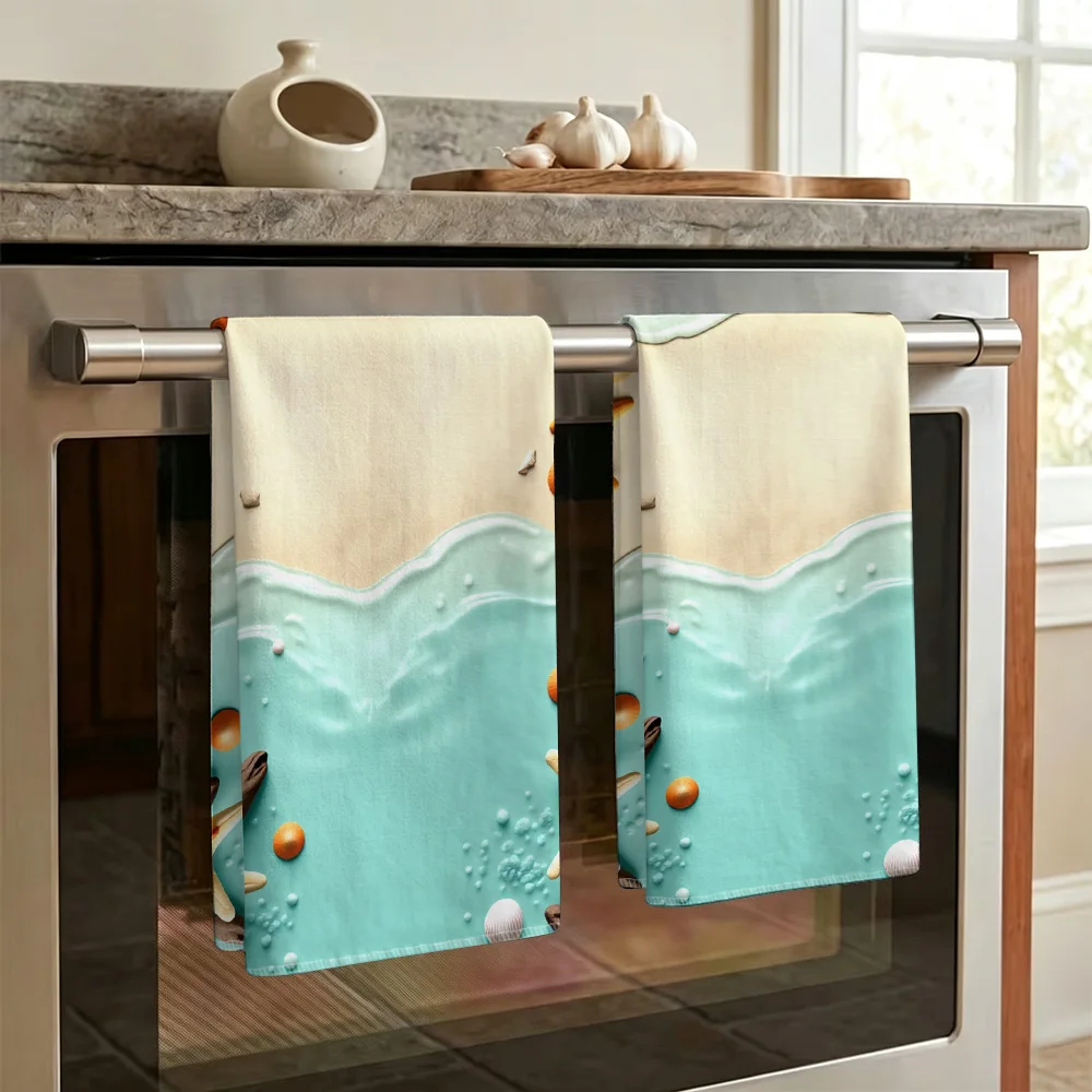 1pc/2pcs Shore-Themed Starfish and Shell Kitchen Towel-Super absorbent, reusable polyester dishcloths perfect for home decor, co