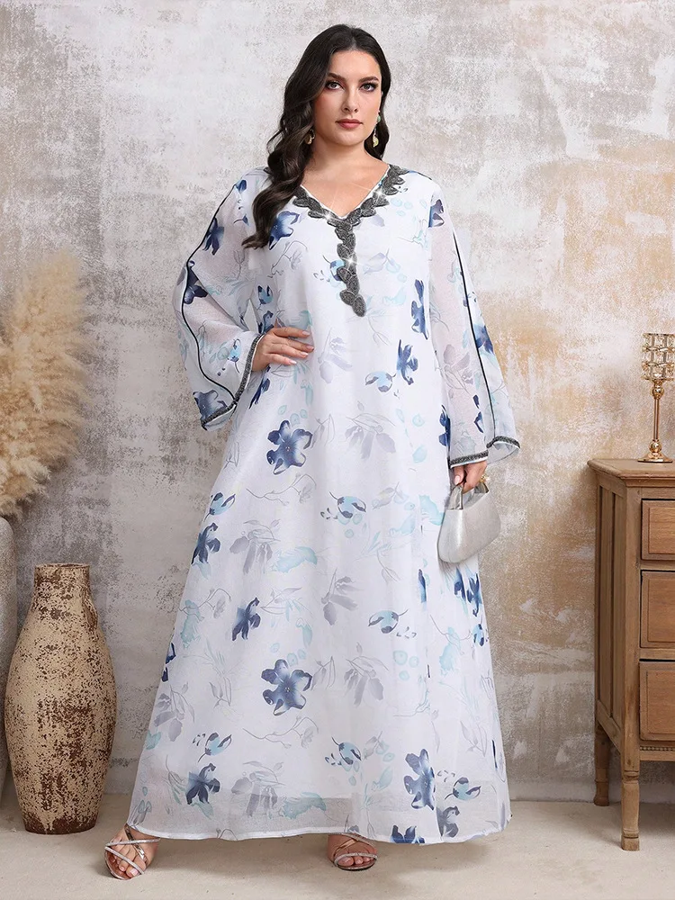 Women Plus Size Elegant Dresses Casual Loose V-Neck Print Wedding Dresses 2025 New Large Size Long Sleeve Party Dresses Kaftan