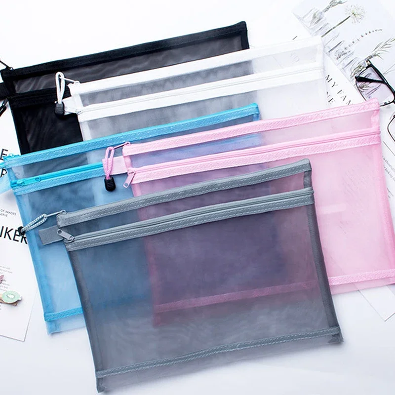 

A4 A5 A6 Portable Double-layer Mesh Zipper File Bag Transparent Student Test Paper Data Storage Bag Office Files Stationery