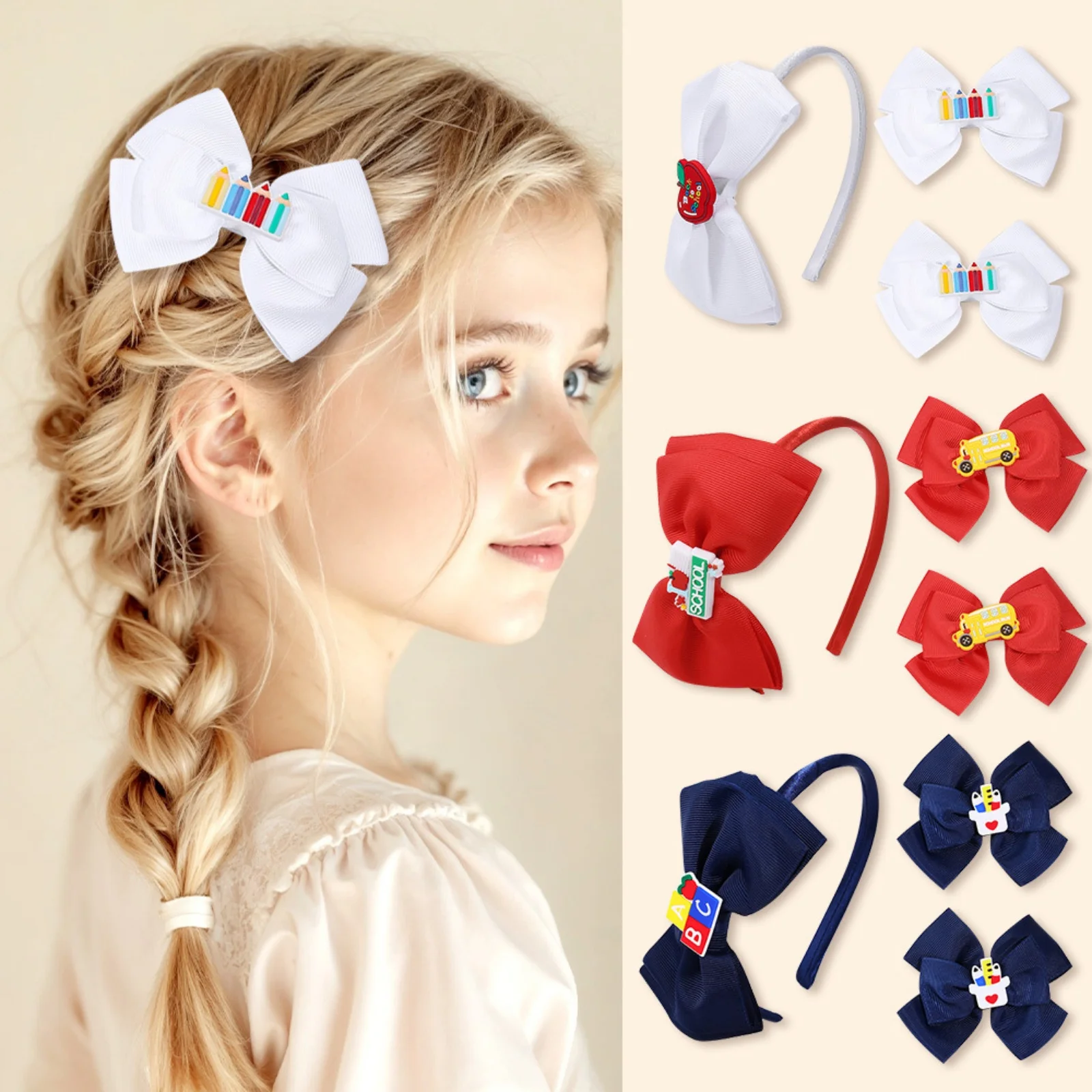 3-teiliges Back-to-School-Haarschmuck-Set mit Schleife, niedliches Bleistift- und Busdekor, Stirnbänder und Clips für Mädchen, perfekt für Campus-Stile