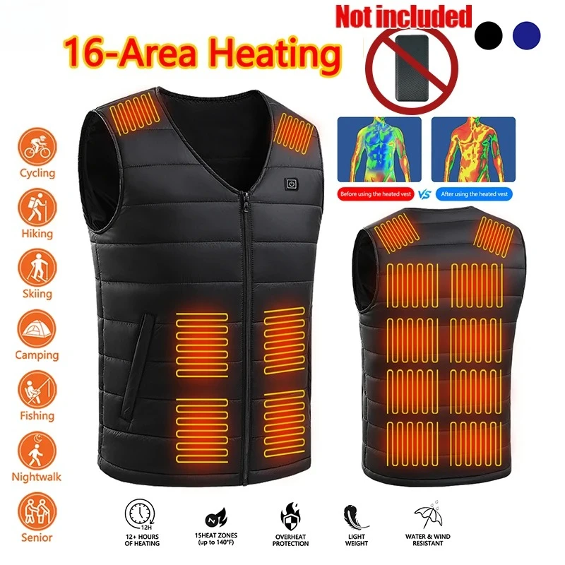 Chaleco calefactable de 16 áreas, chaleco cálido para hombre, chaqueta térmica para mujer, chaleco calefactor constante de invierno (no incluido el banco de energía)