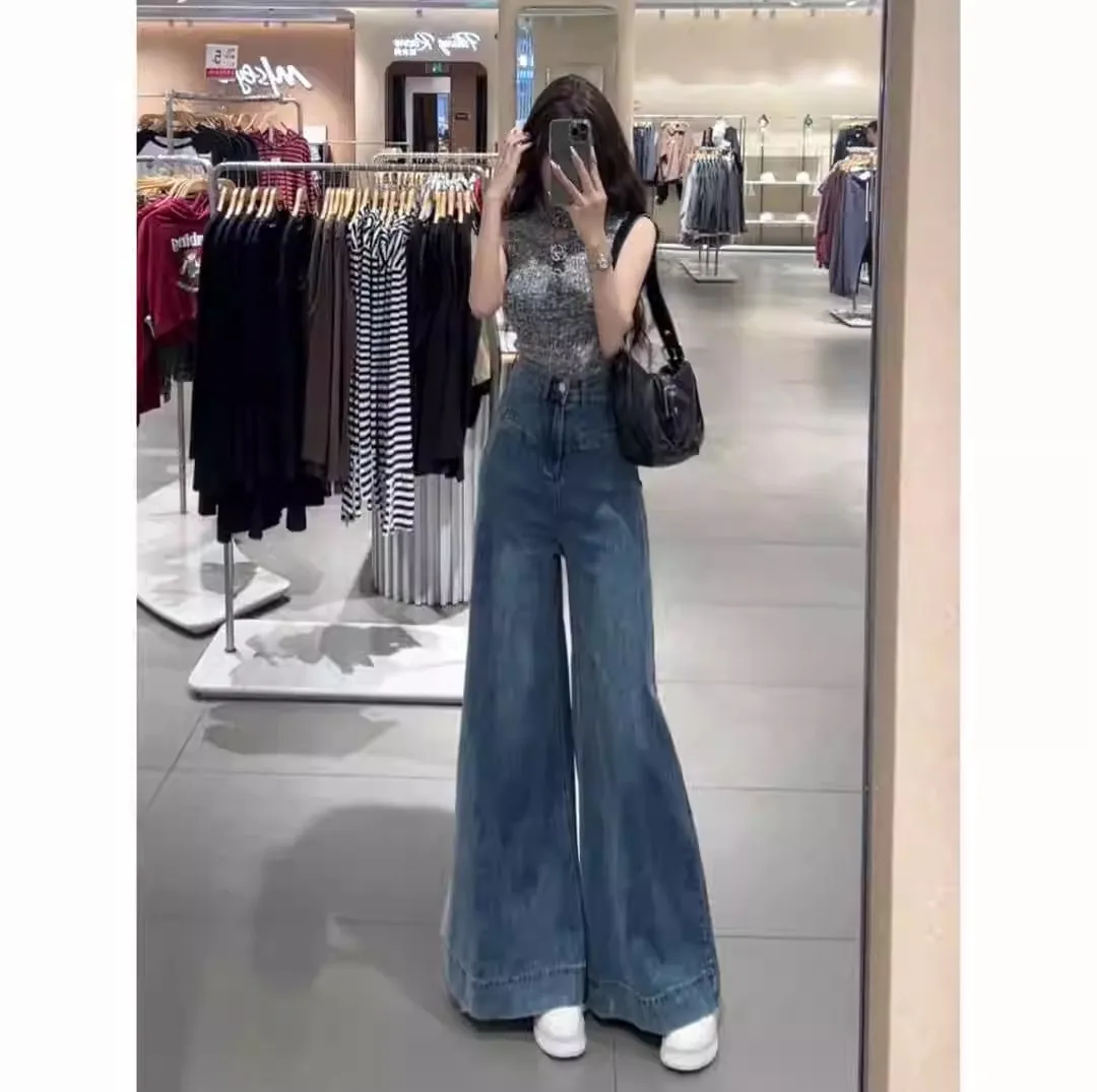

Blue Wide-leg Jeans for Women in Spring and Summer 2025 New High Waist Droop Loose Retro Big Horn Floor Trousers