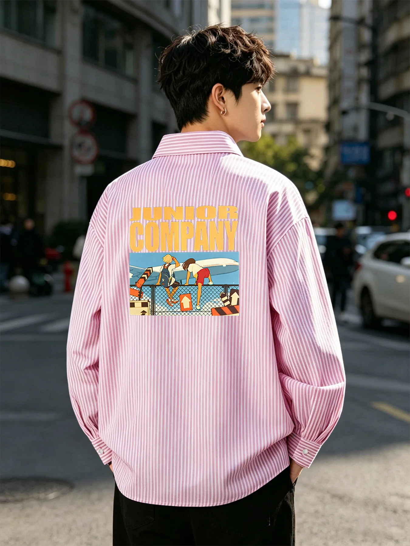 

Trendy Men's Spring and Autumn New Versatile Fashion Healing Style Outfit Cartoon Back Pattern Long Sleeve Striped Shirt