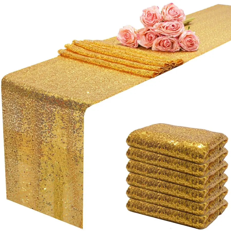 

Золотистая скатерть-дорожка с пайетками, блестящие скатерти с блестками, 6 штук в упаковке, для украшения вечеринок, свадеб, дней рождения, детских праздников, помолвок