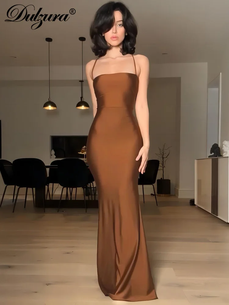 Dulzura Sleeveless Backless Lace Up Cami Maxi Dress Sexy Elegant Bodycon Outfit For Prom Evening Party Club Autumn Winter