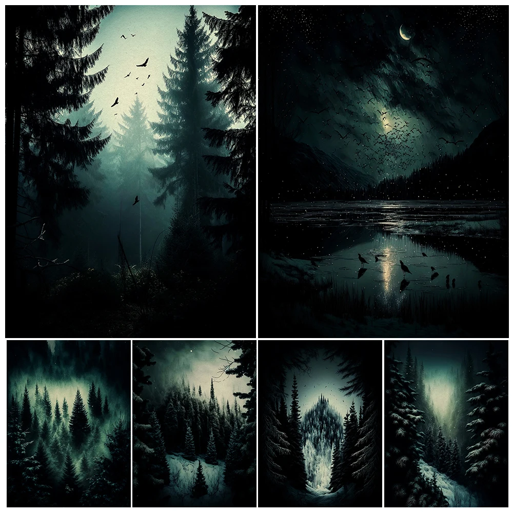 

Creepy Pine Mountain Forest In The Cold Winter Vintage Wall Art Canvas Print Ai Generated Terror Jungle Art Poster Print Decor
