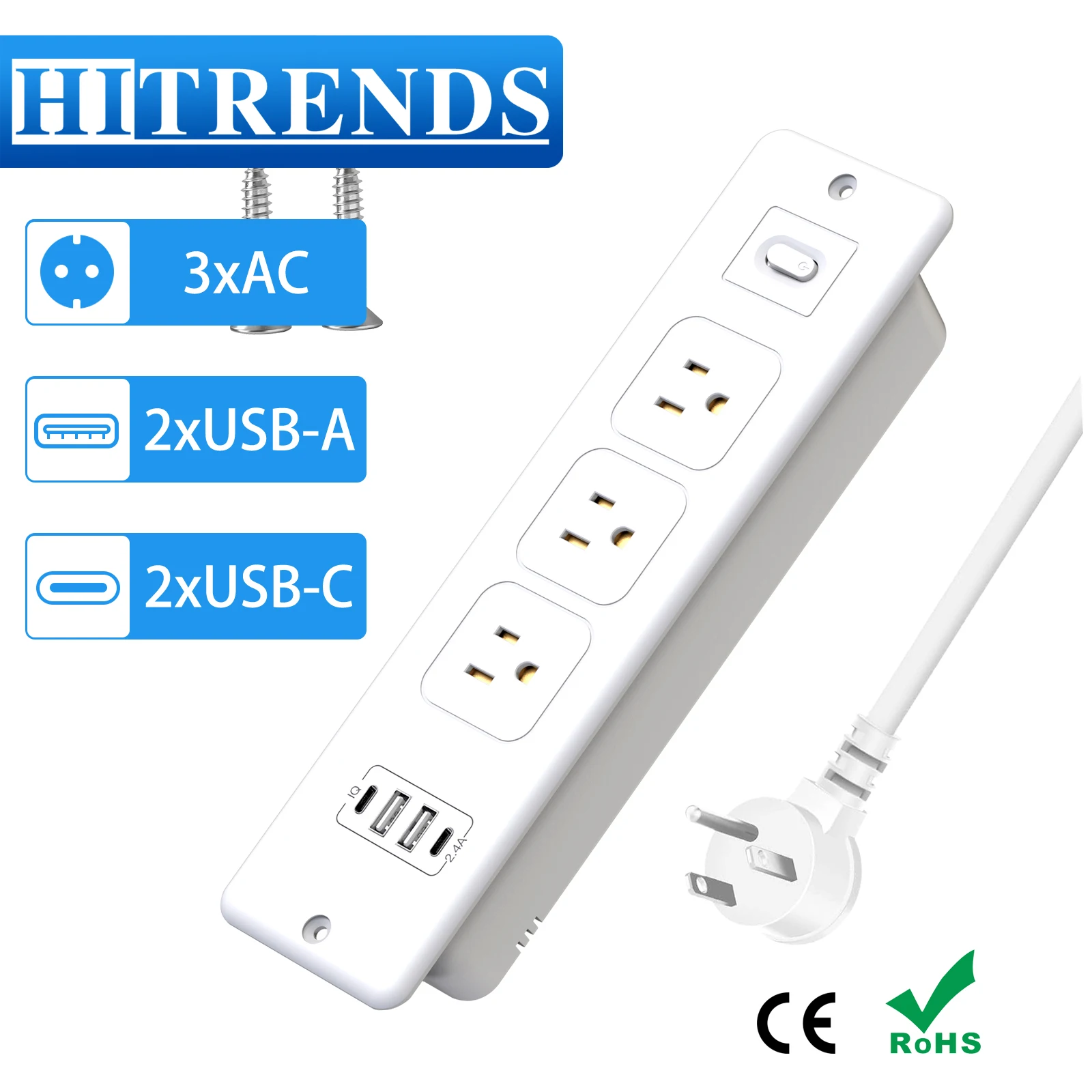 

Настольный утопленный удлинитель с 3 розетками переменного тока и 4 портами USB-C Быстрая зарядка, вилка стандарта США Розетка с кабелем длиной 1,8 м для мебели