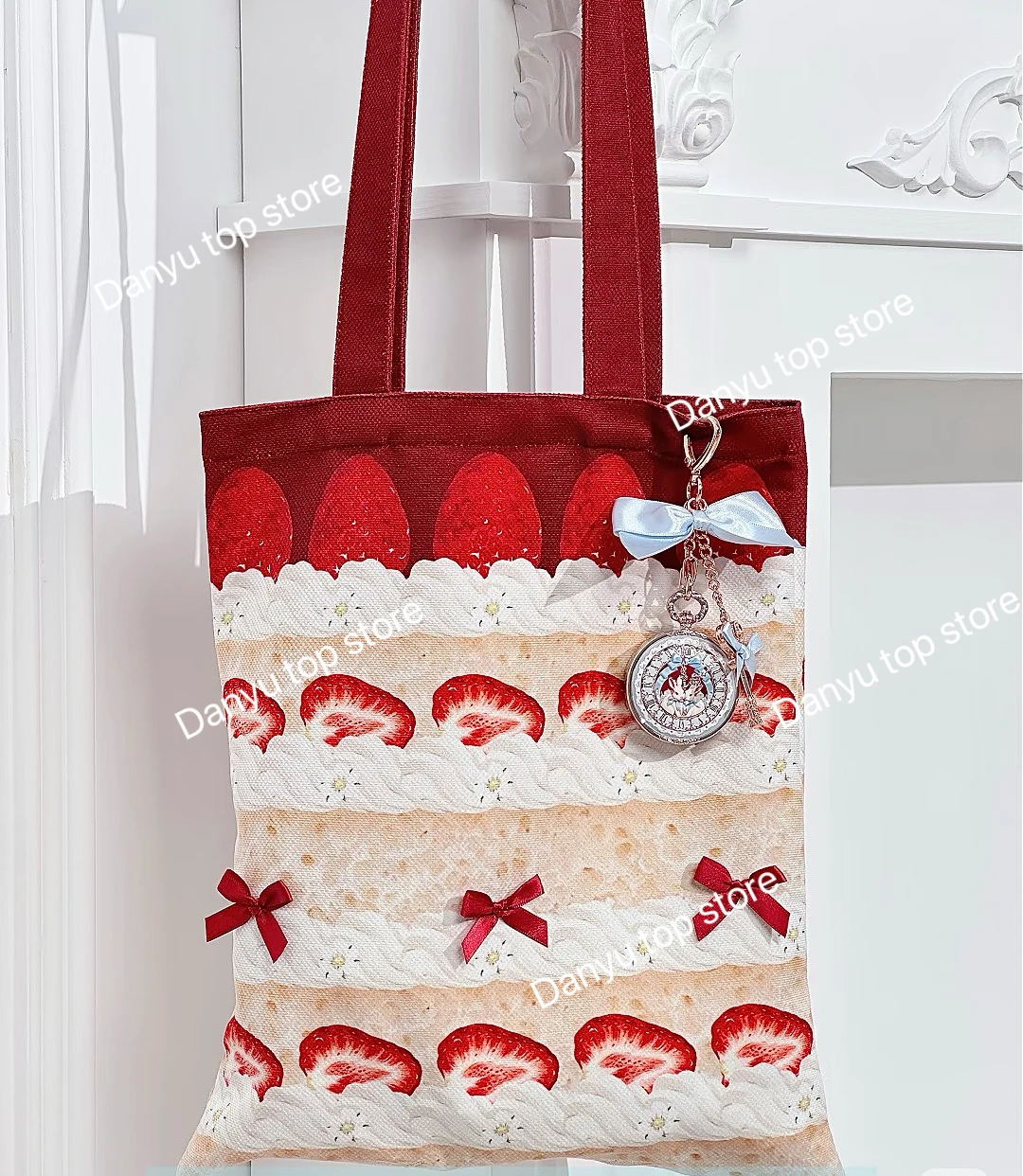 Flower Knows 10th Anniversary Storage Bag Canvas Tote Bag and Shoulder Handbag for Women With Strawberry Cupid Cake Print