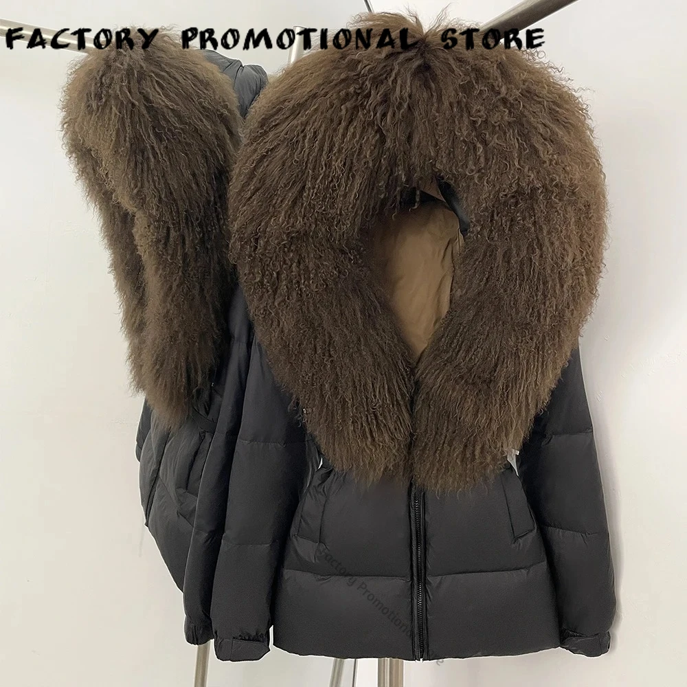 Down Jackets Woman with Fluffy Fur Warm Women's Puffer Jacket Belt Real Mongolia Sheep Fur Collar Outerwear Female Urban Style
