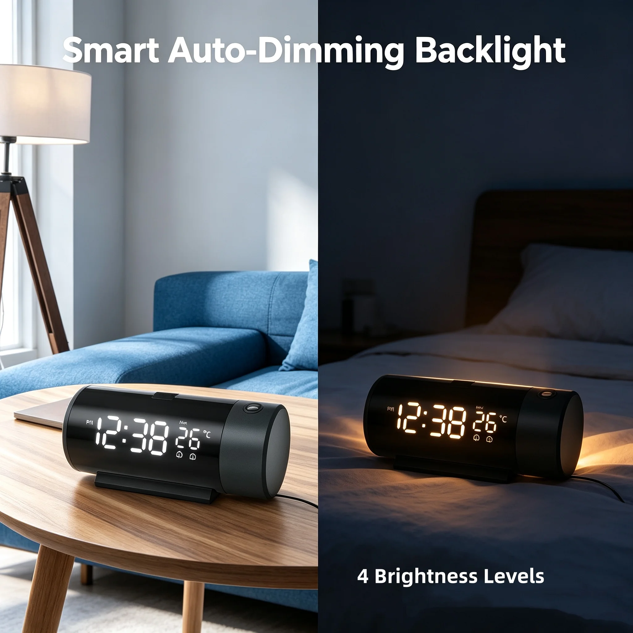 HoldPeak Digital Projection Alarm Clock with Temperature 180° Rotating Lens USB Snooze Dual Alarm for Bedroom Desk